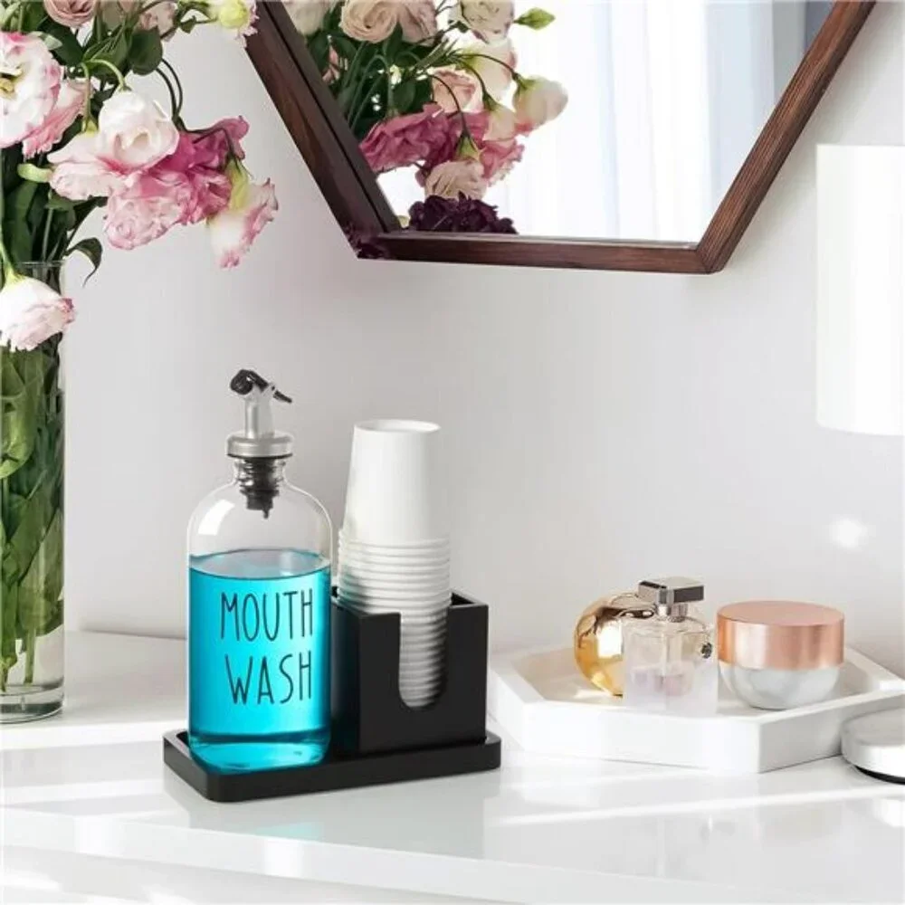 Glass Mouthwash Dispenser with Wood Tray Black Bathroom Countertop Organizer